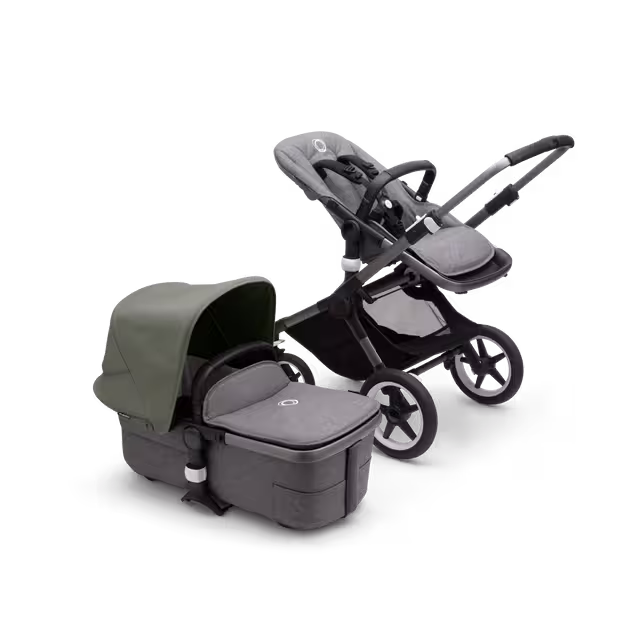 Bugaboo Fox 3 bassinet and seat stroller with graphite frame, grey melange fabrics, and forest green sun canopy. - Main Image Slide 5 of 7