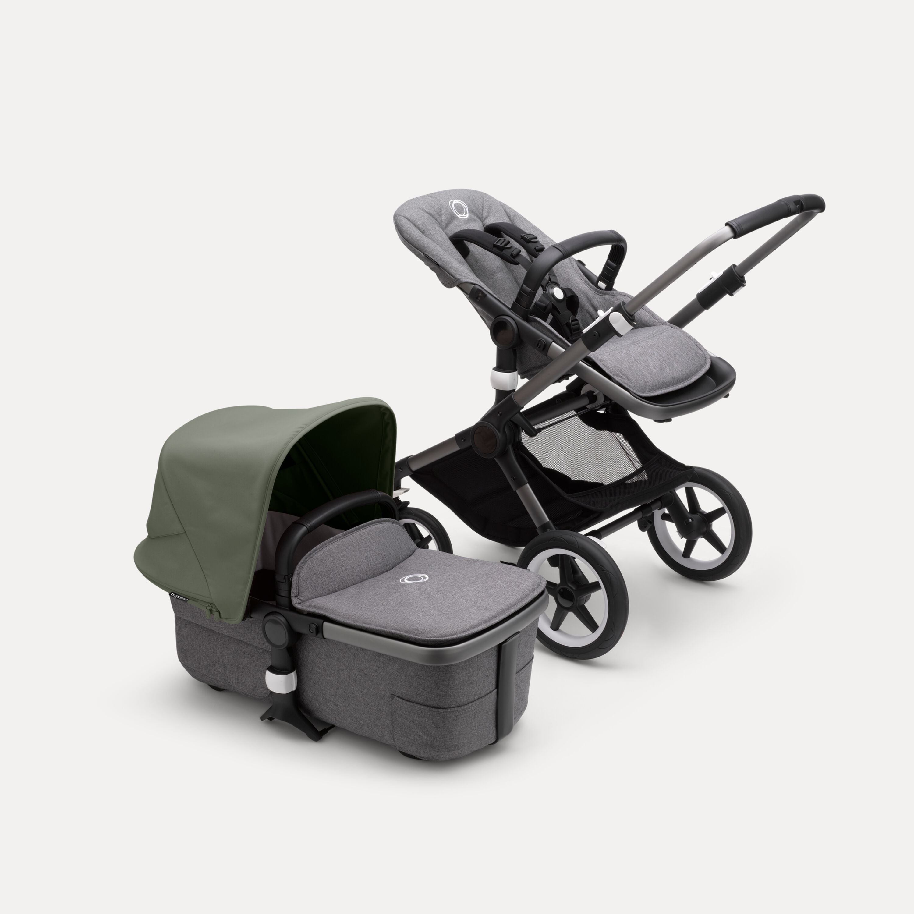 Bugaboo Fox 3 bassinet and seat stroller with graphite frame, grey melange fabrics, and forest green sun canopy. - Main Modal Image Slide 5 of 7