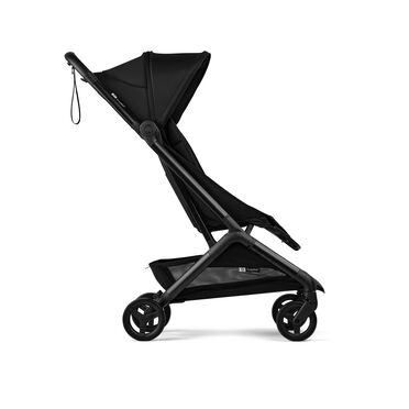 Side view of a Bugaboo Butterfly 2 ultra-compact travel pushchair with black chassis, Heritage Black fabrics, and Heritage Black sun canopy. - view 2