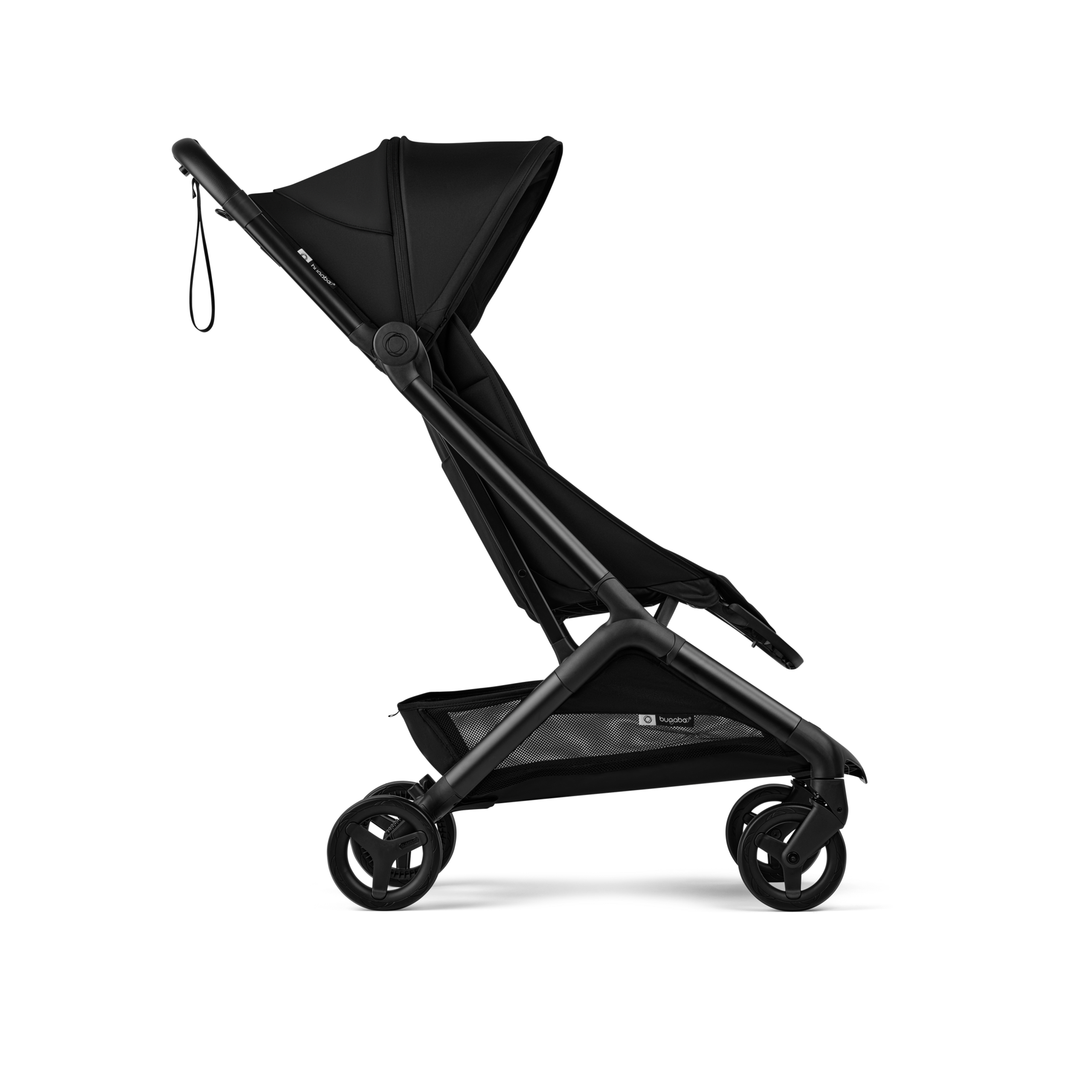 Side view of a Bugaboo Butterfly 2 ultra-compact travel pushchair with black chassis, Heritage Black fabrics, and Heritage Black sun canopy. - Thumbnail Slide 2 of 8