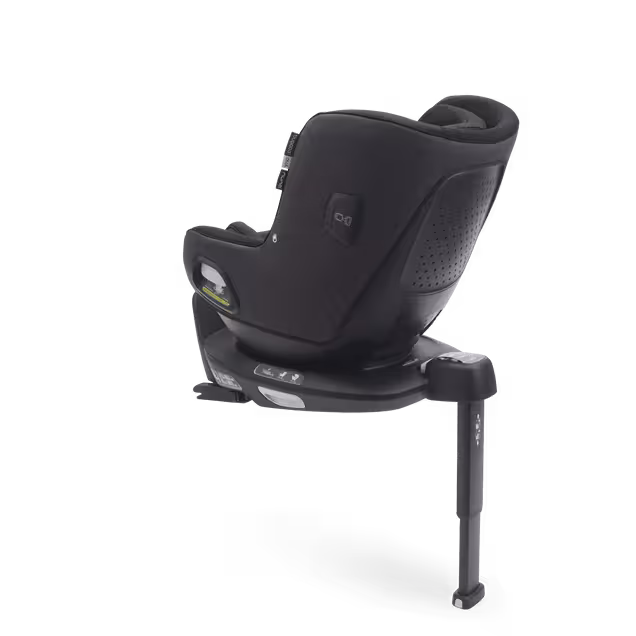 Back view of Bugaboo Owl by Nuna car seat in black fabrics on the 360 ISOFIX Base, with stability leg extended. - Main Image Slide 2 of 8
