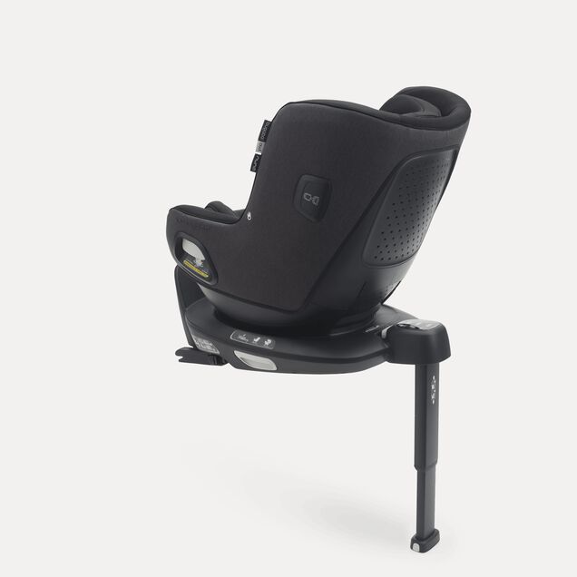 Back view of Bugaboo Owl by Nuna car seat in black fabrics on the 360 ISOFIX Base, with stability leg extended. - Main Image Slide 2 of 8