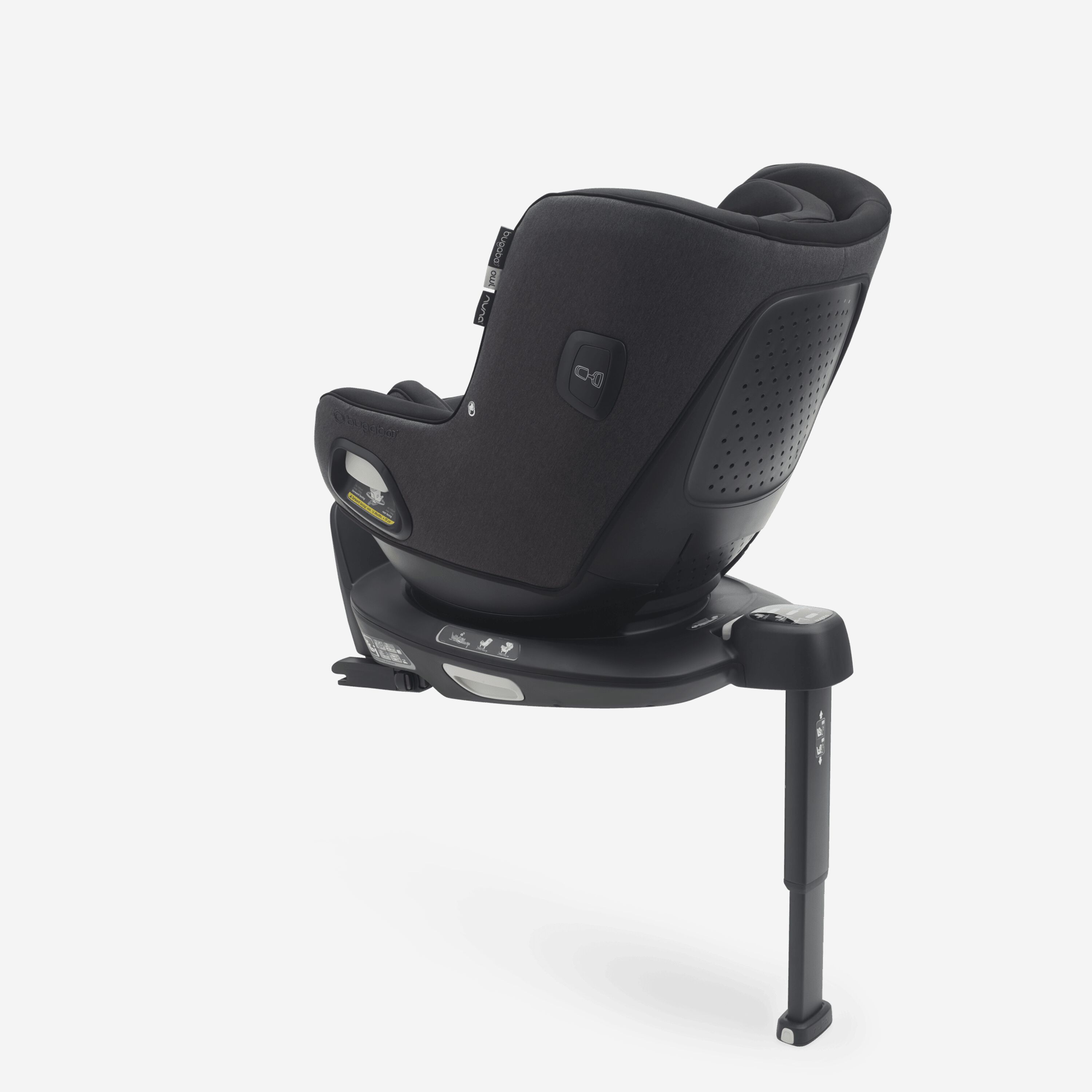 Back view of Bugaboo Owl by Nuna car seat in black fabrics on the 360 ISOFIX Base, with stability leg extended. - Main Modal Image Slide 2 of 8
