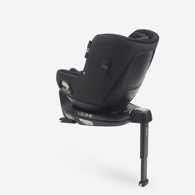 Back view of Bugaboo Owl by Nuna car seat in black fabrics on the 360 ISOFIX Base, with stability leg extended. - Main Image Slide 2 of 8