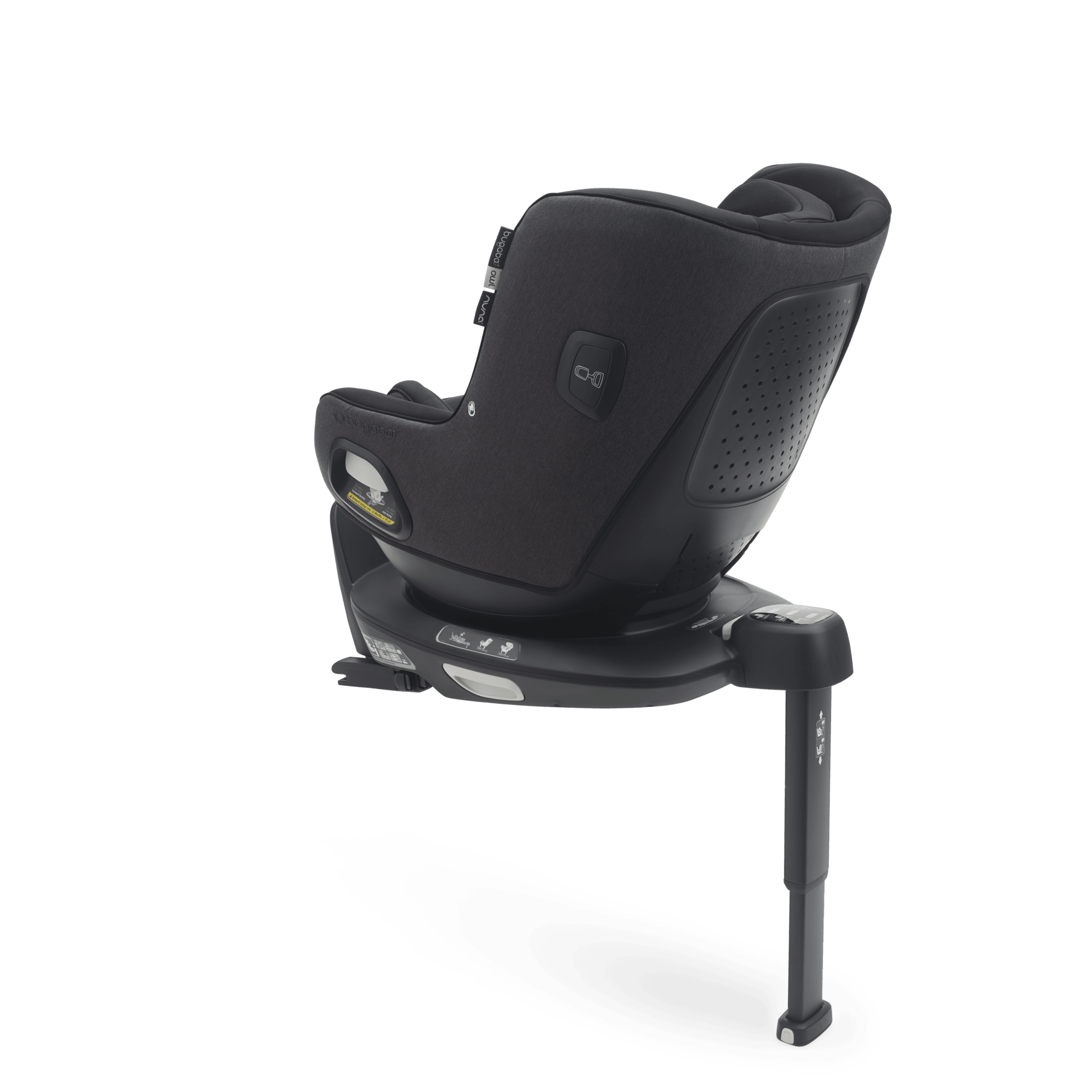 Back view of Bugaboo Owl by Nuna car seat in black fabrics on the 360 ISOFIX Base, with stability leg extended. - Thumbnail Slide 2 of 8