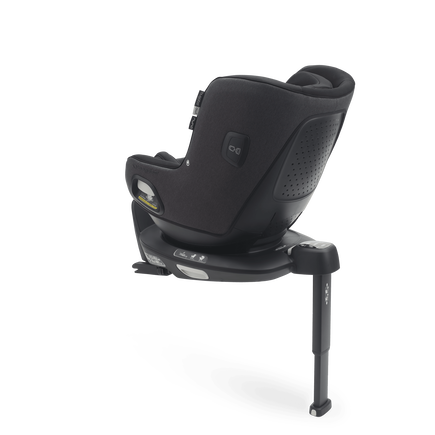 Back view of Bugaboo Owl by Nuna car seat in black fabrics on the 360 ISOFIX Base, with stability leg extended. - view 2