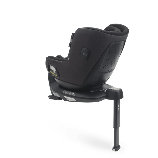 Back view of Bugaboo Owl by Nuna car seat in black fabrics on the 360 ISOFIX Base, with stability leg extended.