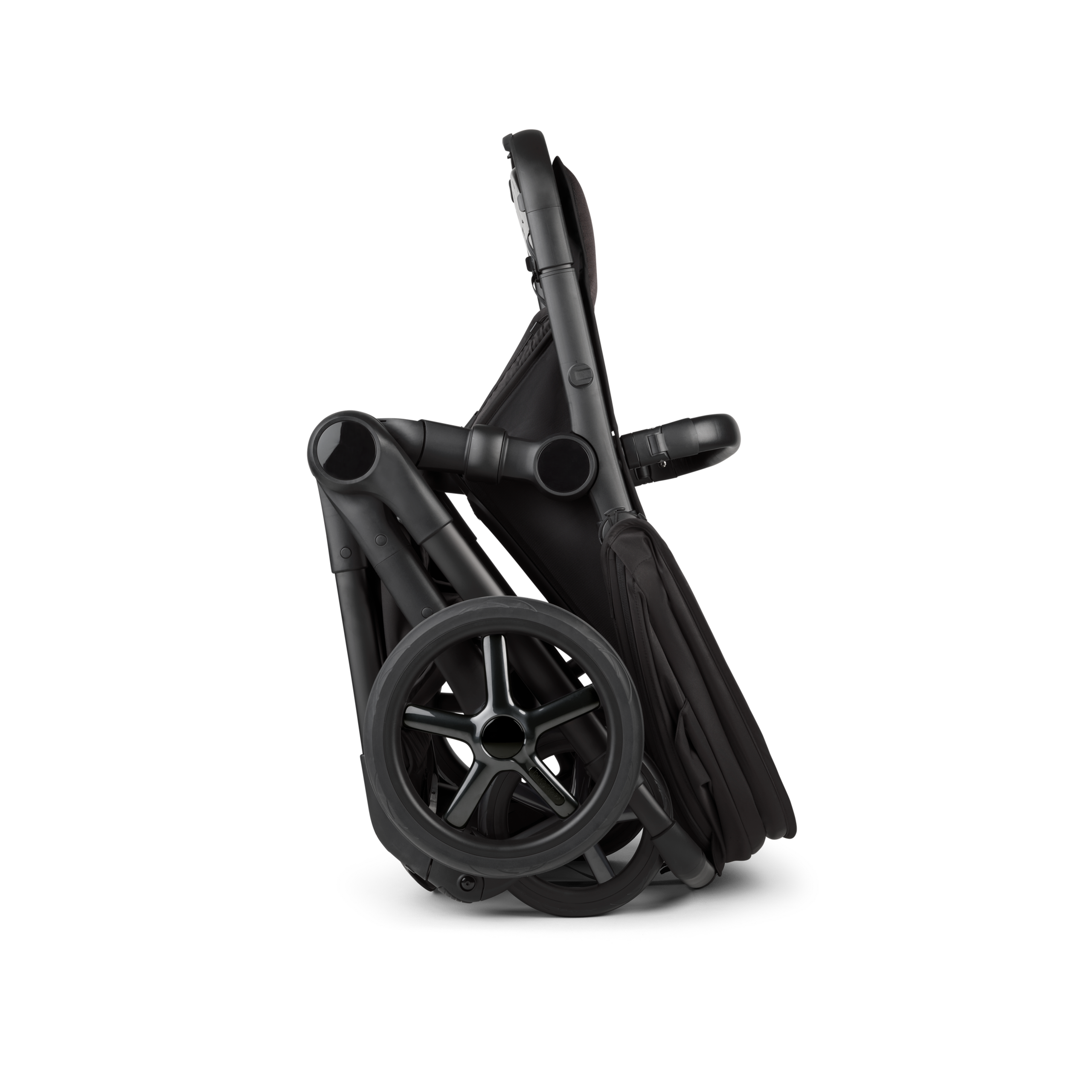 A Bugaboo Fox 5 Noir Limited Edition stroller in Black Moonlight, shown in a folded position. - Thumbnail Slide 10 of 15