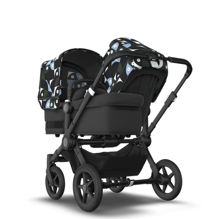 Bugaboo Donkey 5 Duo bassinet and seat stroller black base, midnight black fabrics, animal explorer green/ light blue sun canopy - view 1