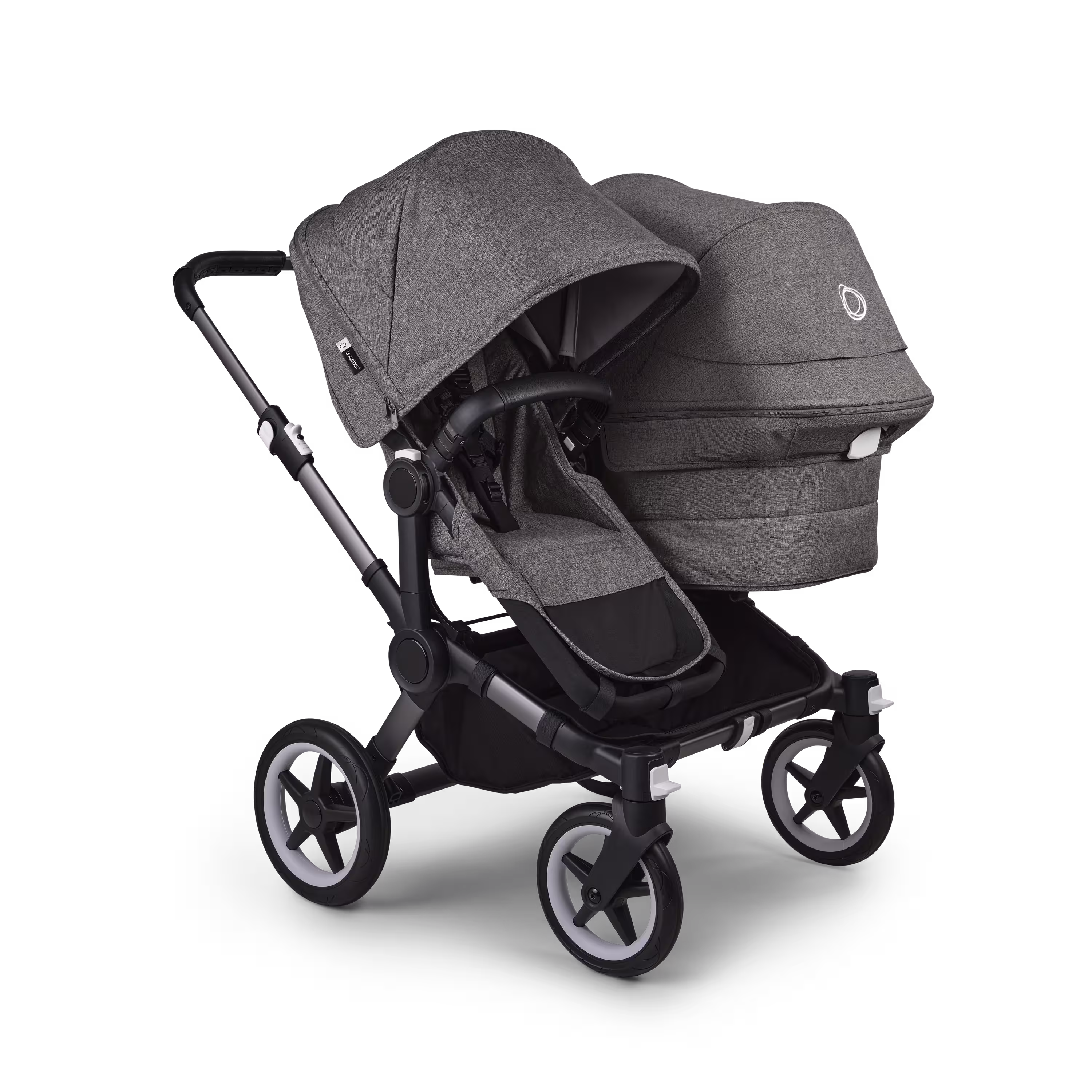 Bugaboo Donkey 5 Duo double stroller graphite base, grey mélange fabrics, grey mélange sun canopy - Main Modal Image Slide 1 of 11