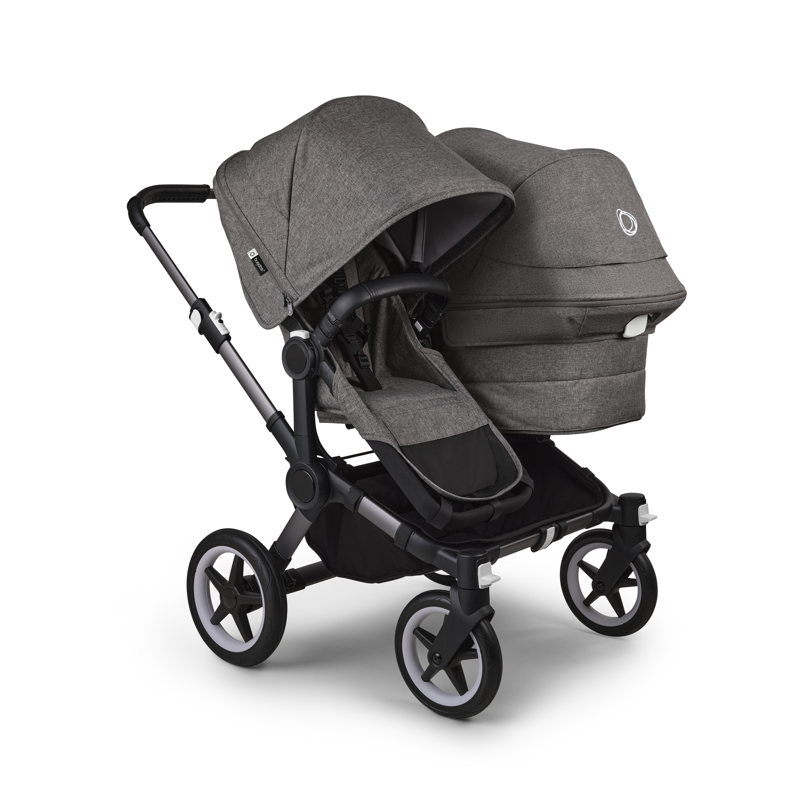 Bugaboo Donkey 5 Duo double stroller graphite base, grey mélange fabrics, grey mélange sun canopy - Thumbnail Slide 1 of 11