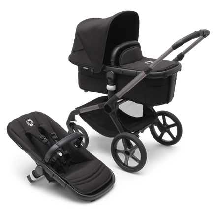 Bugaboo Fox 5 bassinet and seat stroller with graphite chassis, midnight black fabrics and midnight black sun canopy.