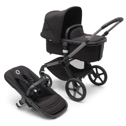 Bugaboo Fox 5 bassinet and seat stroller with graphite chassis, midnight black fabrics and midnight black sun canopy.