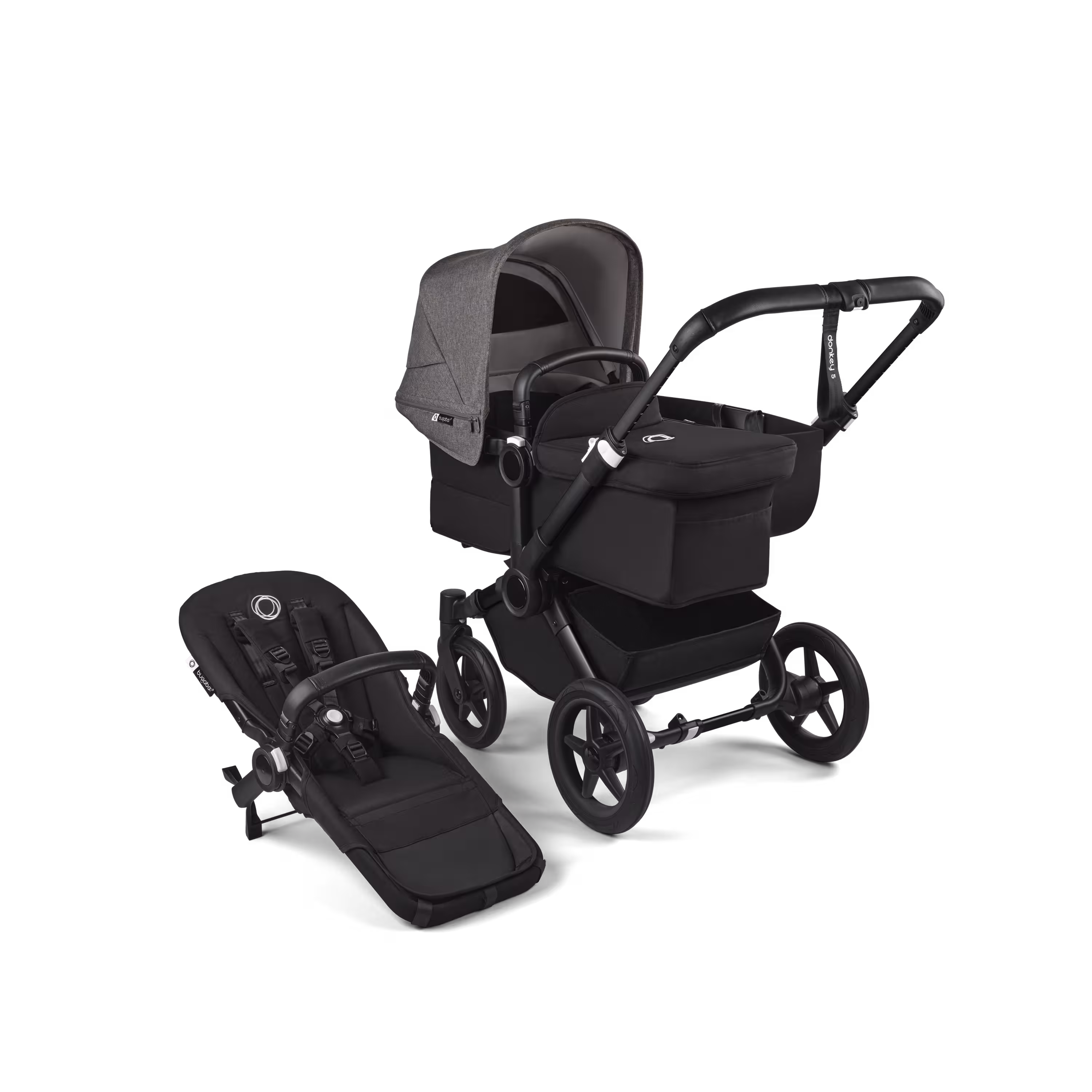 PP Bugaboo Donkey 5 Mono bassinet and seat stroller black base, midnight black fabrics, grey mélange sun canopy - Main Modal Image Slide 1 van 11