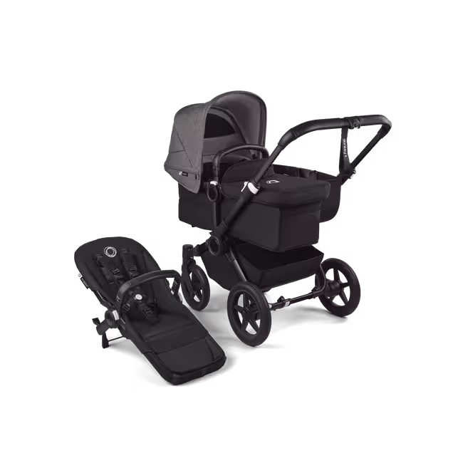 PP Bugaboo Donkey 5 Mono bassinet and seat stroller black base, midnight black fabrics, grey mélange sun canopy - Main Image Slide 1 van 11