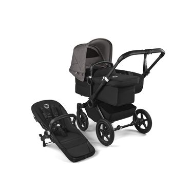 PP Bugaboo Donkey 5 Mono bassinet and seat stroller black base, midnight black fabrics, grey mélange sun canopy