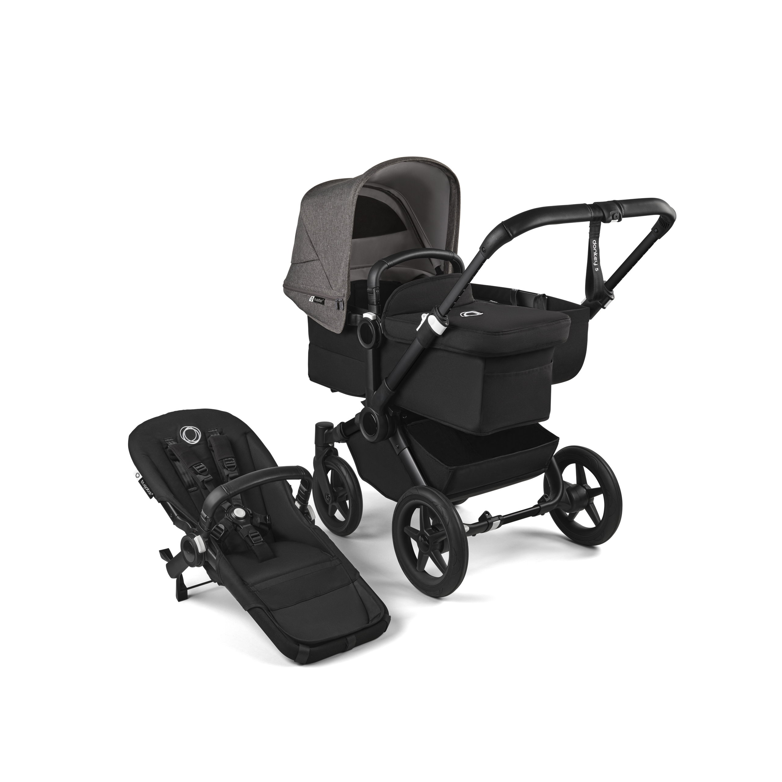 PP Bugaboo Donkey 5 Mono bassinet and seat stroller black base, midnight black fabrics, grey mélange sun canopy - Thumbnail Slide 1 of 10