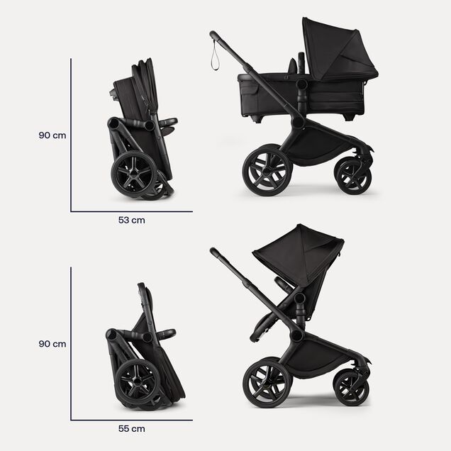 Folded dimensions of the Bugaboo Fox 5 Noir Limited Edition Black Moonlight: With the bassinet: 90 x 35 cm. With seat: 90 x 55 cm. - Main Image Slide 11 of 15