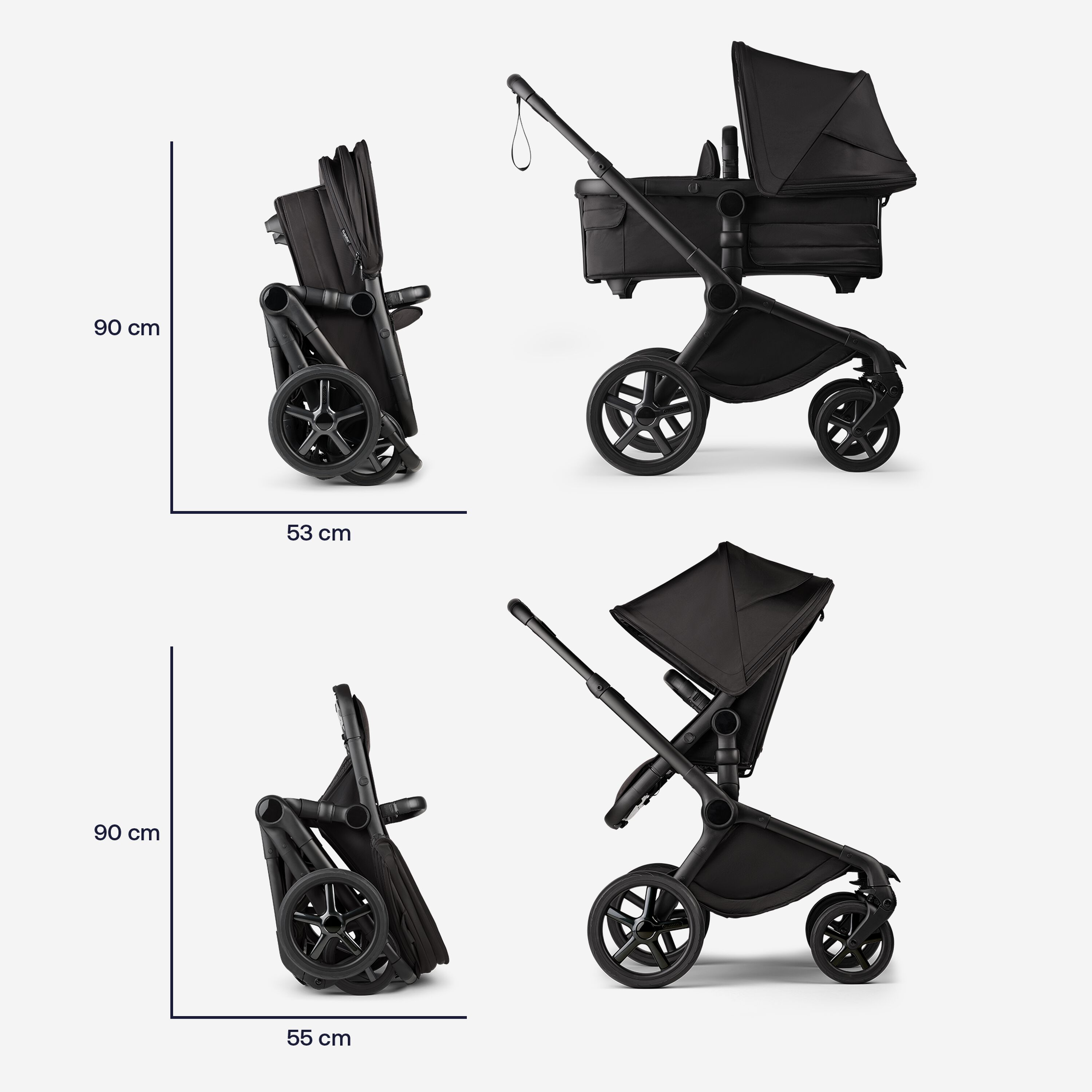 Maße des Bugaboo Fox 5 Noir Limited Edition Tiefschwarz in zusammengeklapptem Zustand: Mit der Liegewanne: 90 x 35 cm. Mit Sitz: 90 x 55 cm. - Main Modal Image Slide 11 of 15