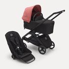Passeggino con seduta e navicella Bugaboo Dragonfly con telaio black, tessuti midnight black e cappottina sunrise red.