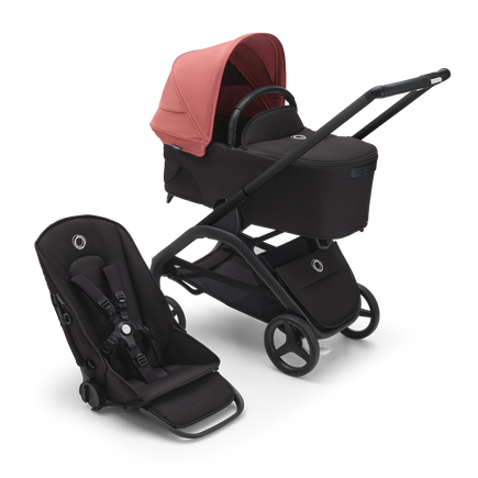 Poussette siège et nacelle Bugaboo Dragonfly avec châssis noir, habillages nuit noire et capote rouge sunrise. - view 1