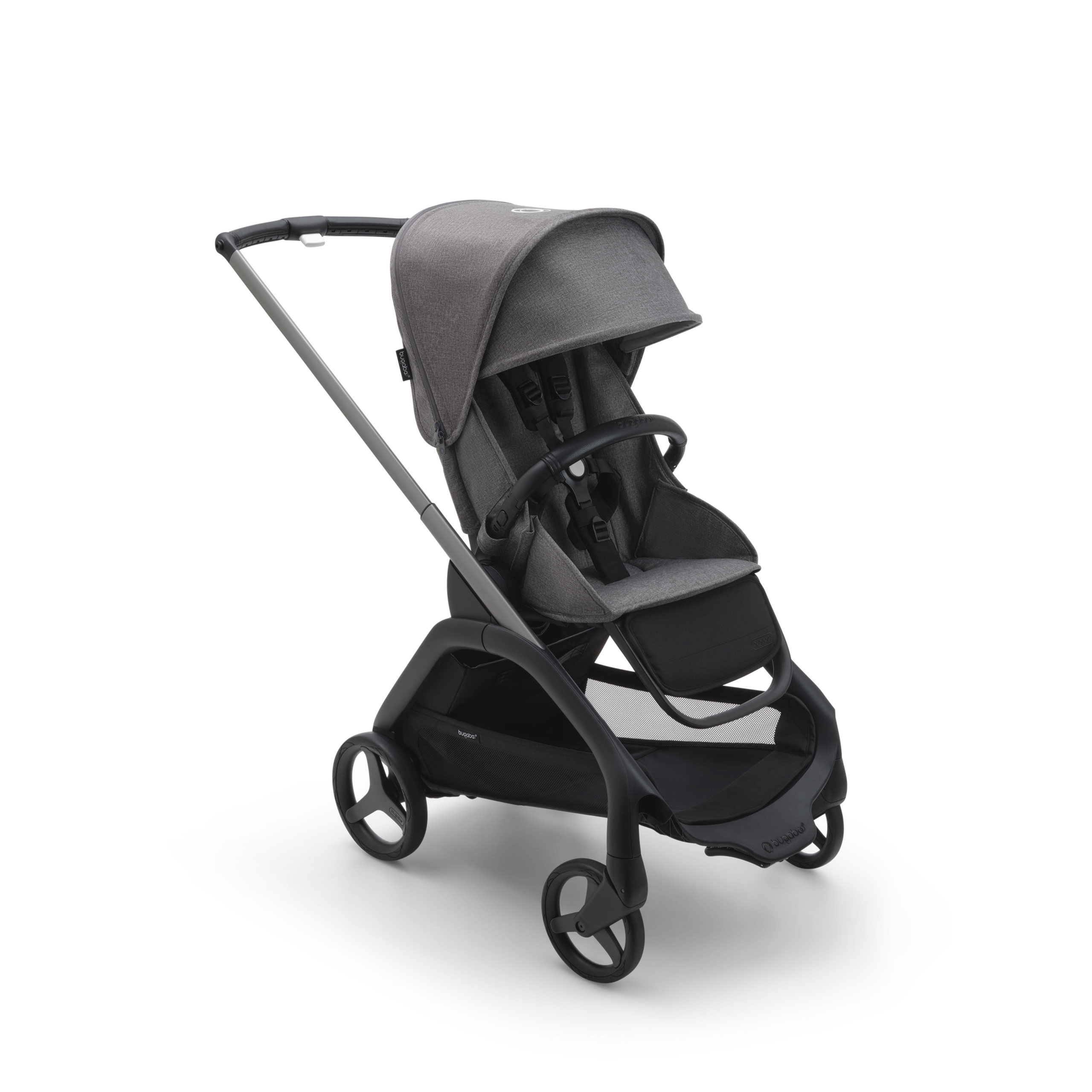 Bugaboo Dragonfly seat stroller with graphite chassis, grey melange fabrics and grey melange sun canopy. - Thumbnail Slide 1 of 15