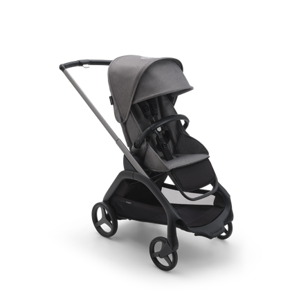Bugaboo Dragonfly seat stroller with graphite chassis, grey melange fabrics and grey melange sun canopy.