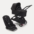 Bugaboo Dragonfly bassinet and seat pram with black chassis, midnight black fabrics and midnight black sun canopy.