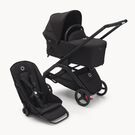 Bugaboo Dragonfly bassinet and seat pram with black chassis, midnight black fabrics and midnight black sun canopy.