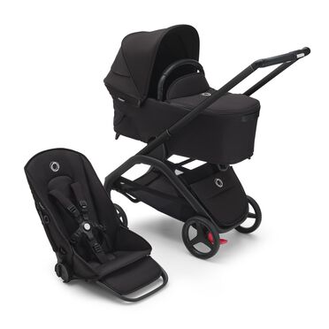 Bugaboo Dragonfly bassinet and seat pram with black chassis, midnight black fabrics and midnight black sun canopy.