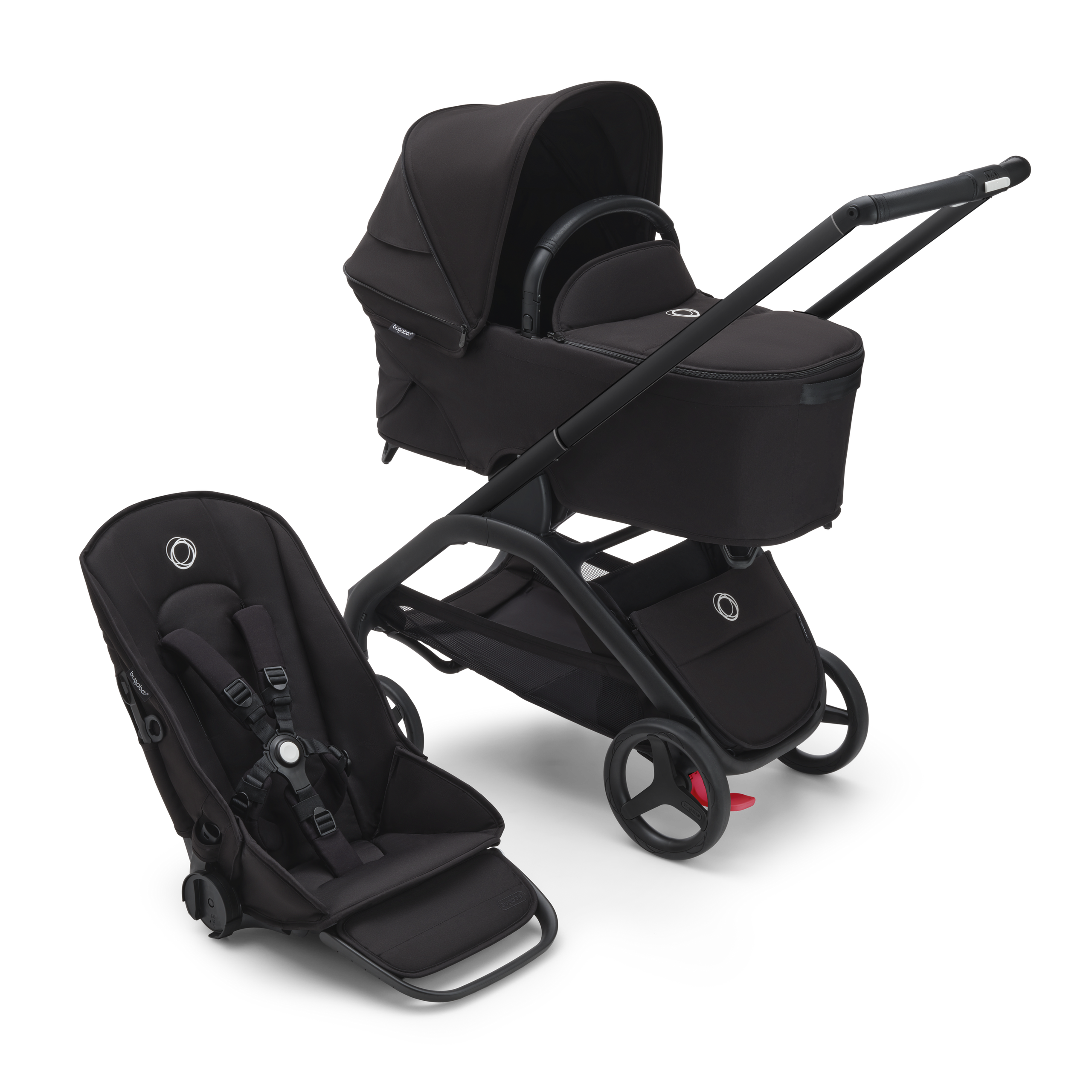 Bugaboo Dragonfly bassinet and seat pram with black chassis, midnight black fabrics and midnight black sun canopy. - Thumbnail Slide 1 of 15