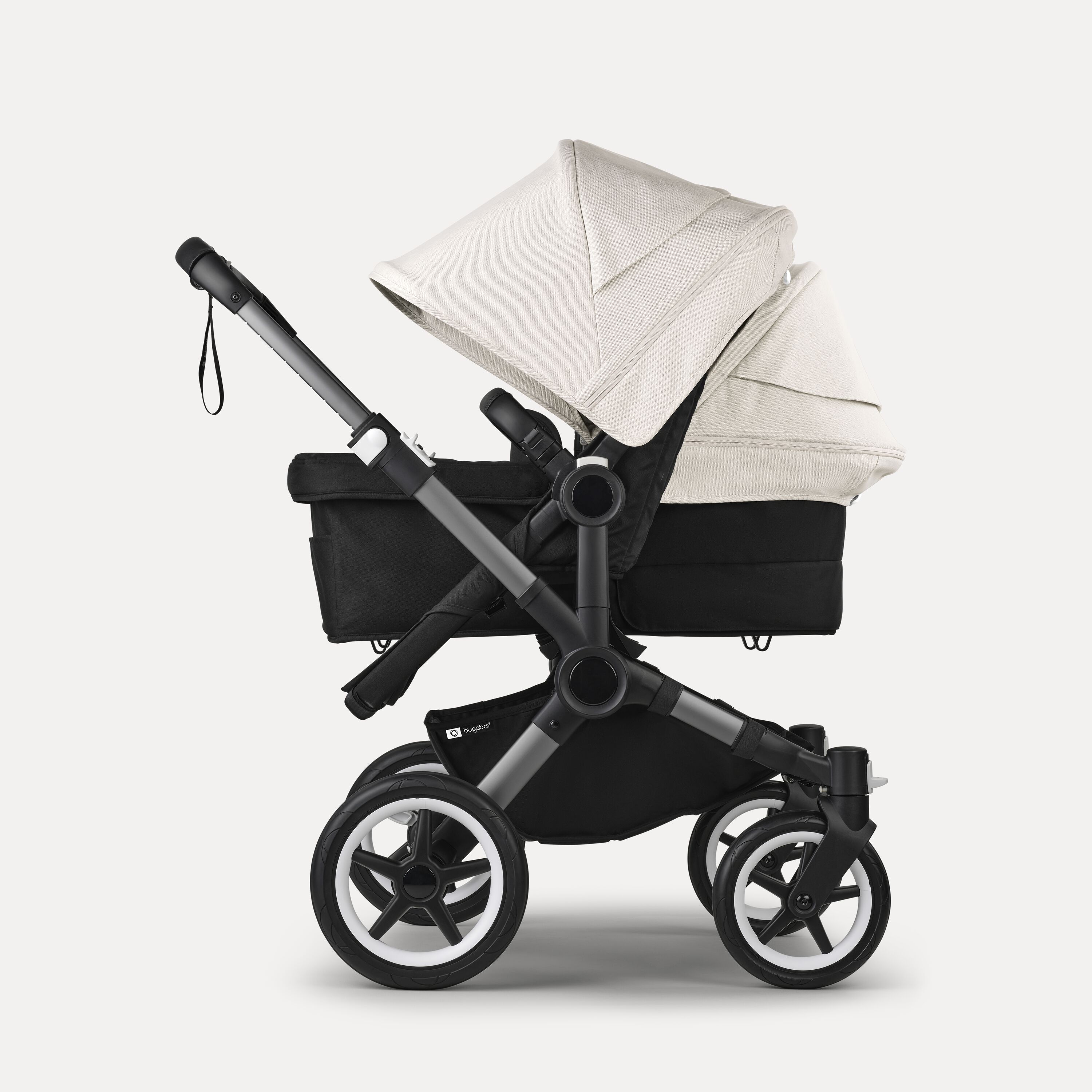 Bugaboo Donkey 5 Duo double stroller graphite base, midnight black fabrics, misty white sun canopy - Main Modal Image Slide 2 of 11