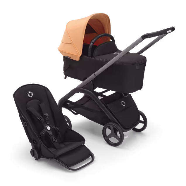 Bugaboo Dragonfly bassinet and seat stroller with graphite chassis, midnight black fabrics and island coral sun canopy. - Main Image Slide 1 of 12