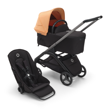 Bugaboo Dragonfly bassinet and seat stroller with graphite chassis, midnight black fabrics and island coral sun canopy. - view 1