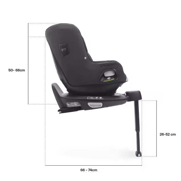 Side view of Bugaboo Owl by Nuna car seat on the 360 ISOFIX Base, with measurements: Height including base: 50-68 cm, length including base: 66-74 cm, length stability leg: 26-52 cm. - Main Image Slide 4 of 13