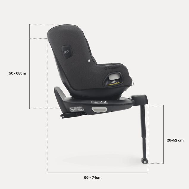 Side view of Bugaboo Owl by Nuna car seat on the 360 ISOFIX Base, with measurements: Height including base: 50-68 cm, length including base: 66-74 cm, length stability leg: 26-52 cm. - Main Image Slide 4 of 13