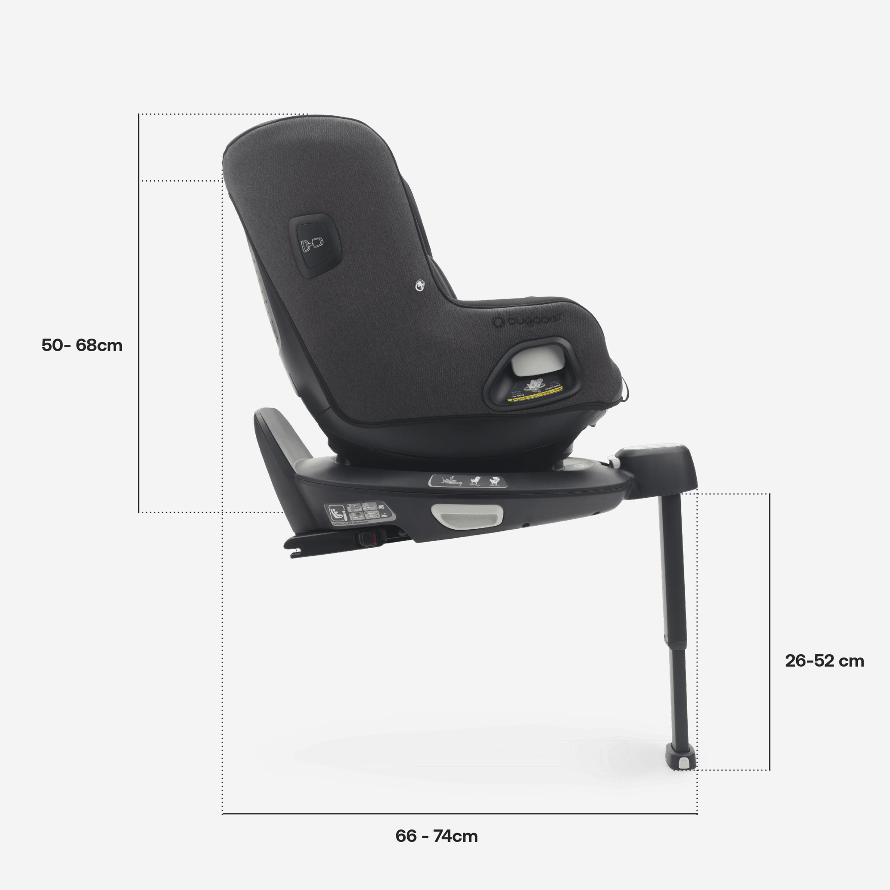 Side view of Bugaboo Owl by Nuna car seat on the 360 ISOFIX Base, with measurements: Height including base: 50-68 cm, length including base: 66-74 cm, length stability leg: 26-52 cm. - Main Modal Image Slide 4 of 13