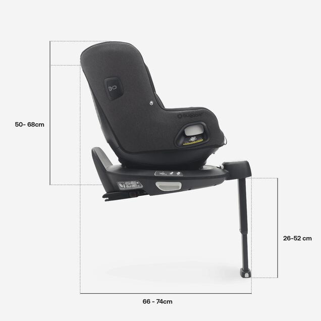 Side view of Bugaboo Owl by Nuna car seat on the 360 ISOFIX Base, with measurements: Height including base: 50-68 cm, length including base: 66-74 cm, length stability leg: 26-52 cm. - Main Image Slide 4 of 13