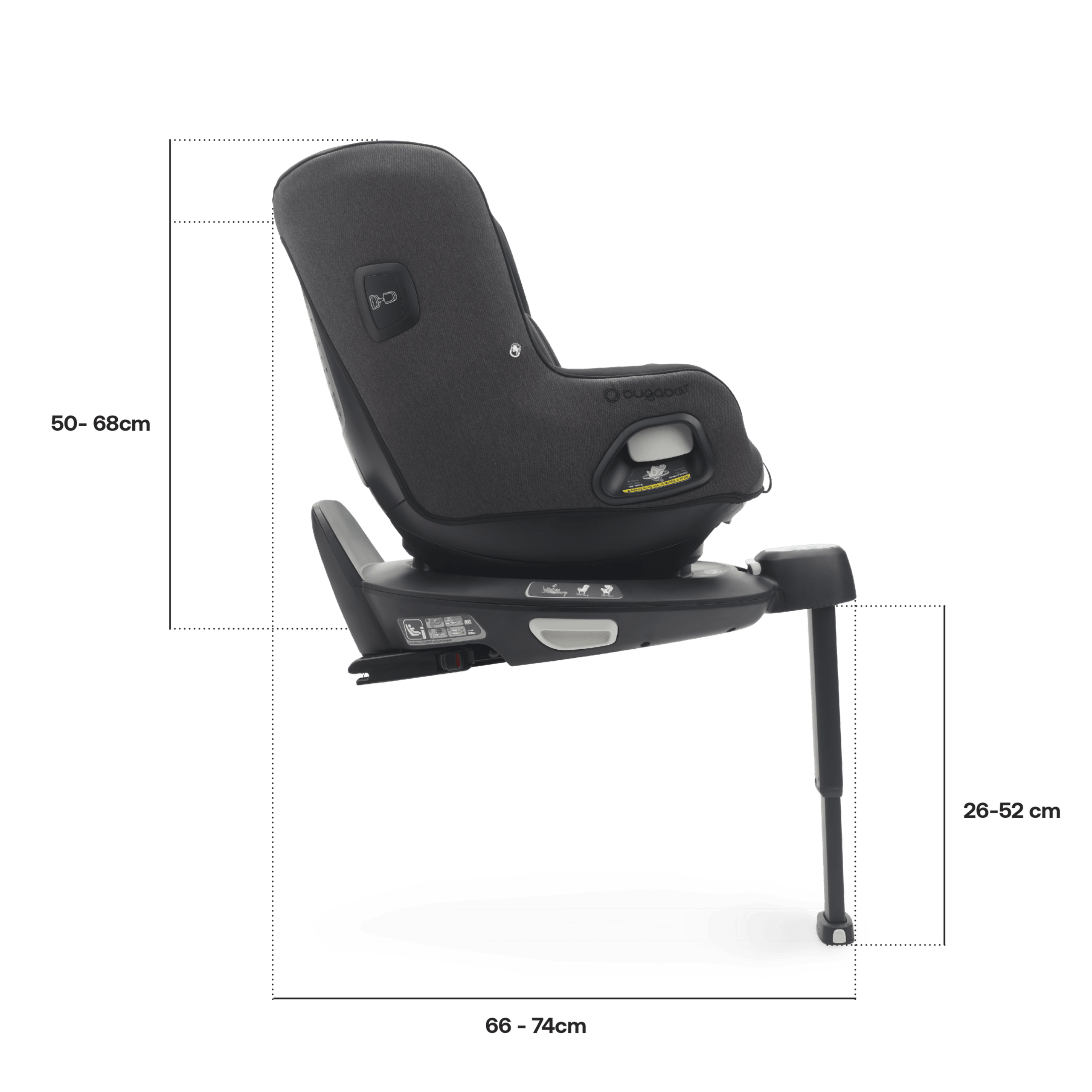 Side view of Bugaboo Owl by Nuna car seat on the 360 ISOFIX Base, with measurements: Height including base: 50-68 cm, length including base: 66-74 cm, length stability leg: 26-52 cm. - Thumbnail Slide 4 of 13