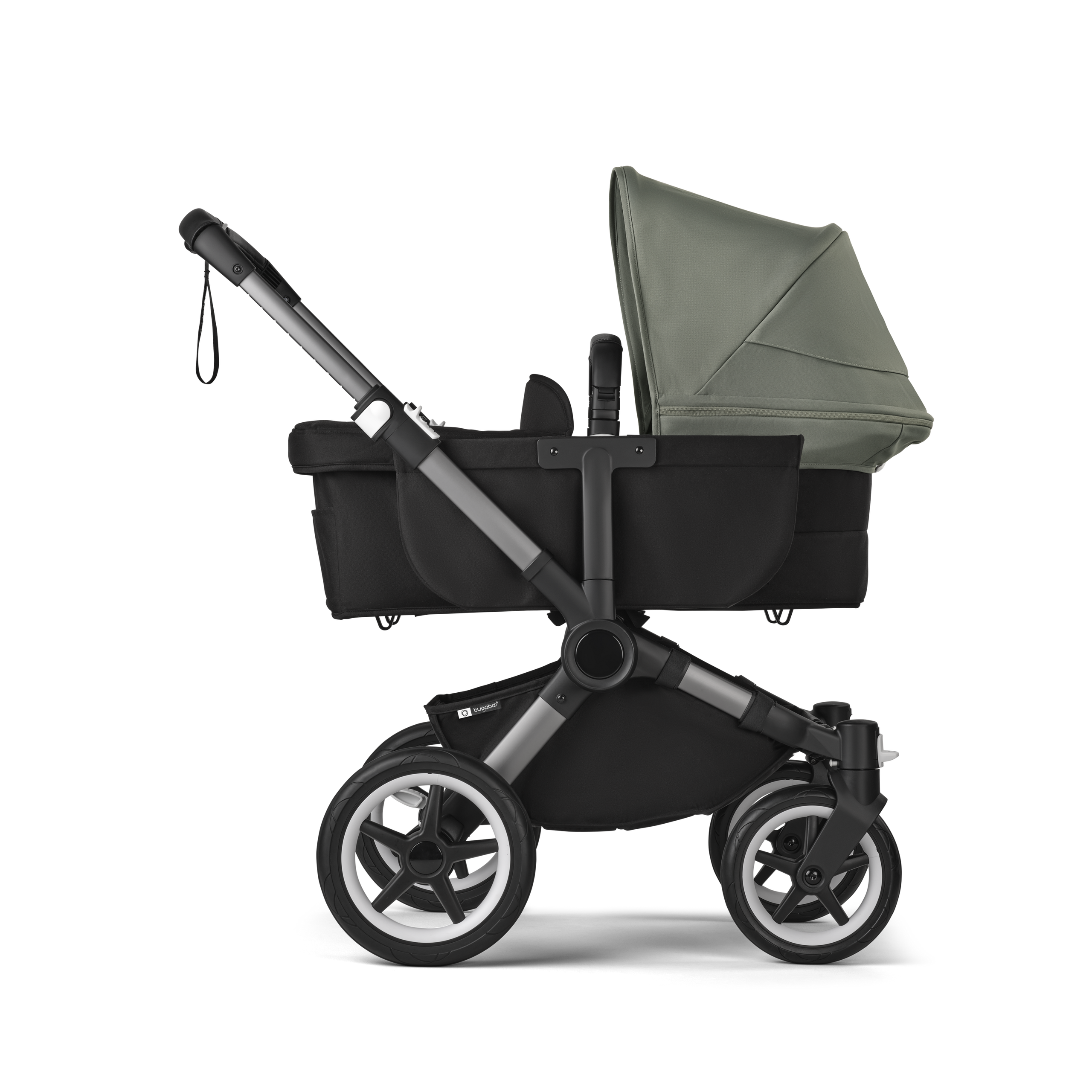 Refurbished Bugaboo Donkey 5 Mono bassinet and seat stroller graphite base, midnight black fabrics, forest green sun canopy - Thumbnail Slide 3 of 10