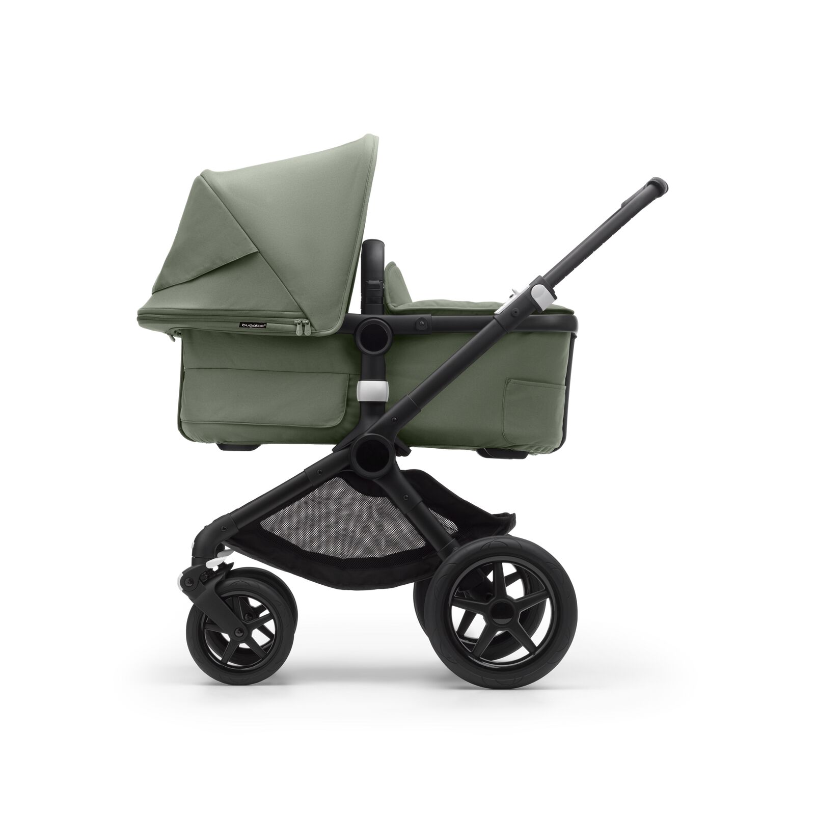 Side view of a Bugaboo Fox 3 bassinet stroller with black frame, forest green fabrics, and forest green sun canopy.