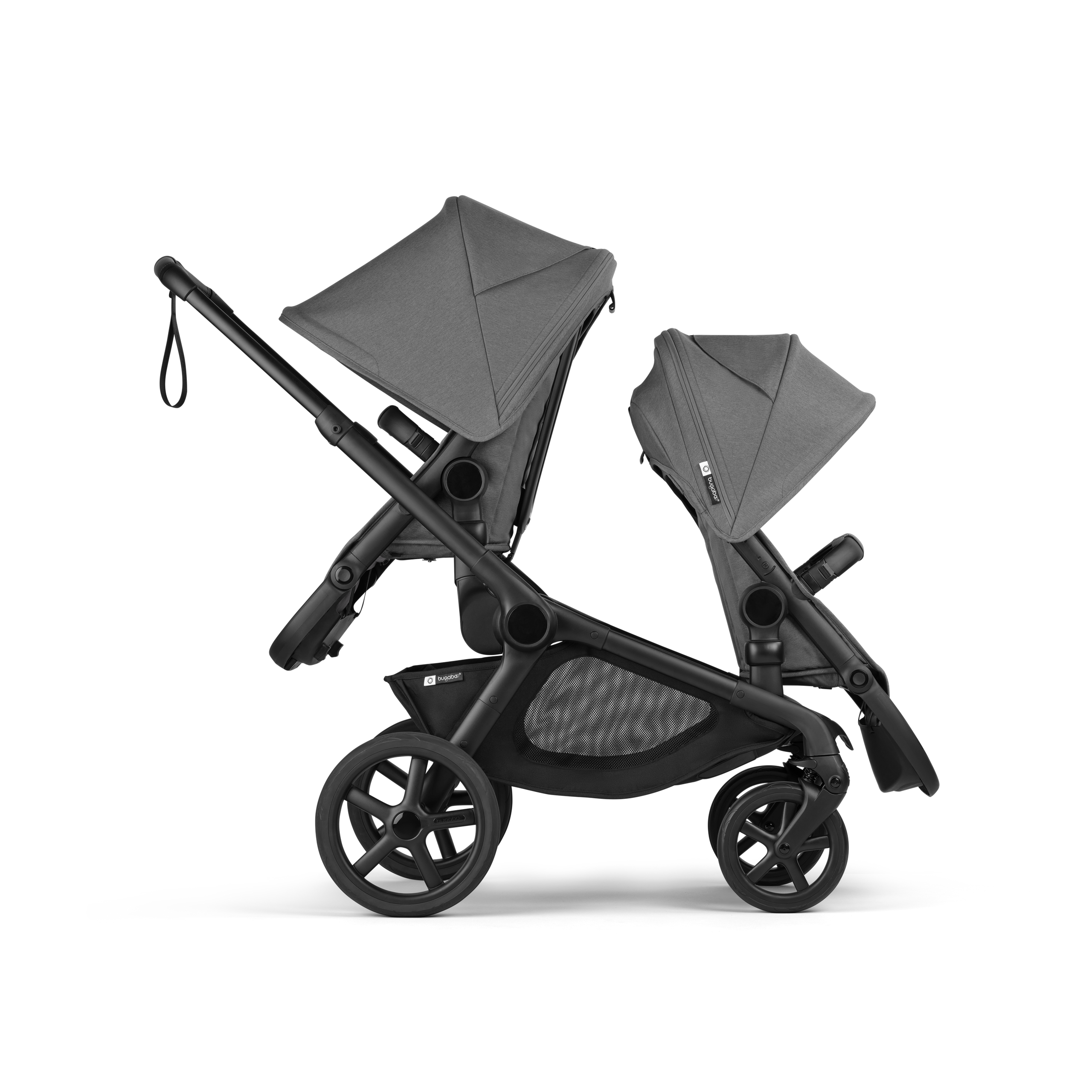 Bugaboo Kangaroo seat-only tandem black base, moon grey fabrics, moon grey sun canopy - Thumbnail Slide 3 of 12