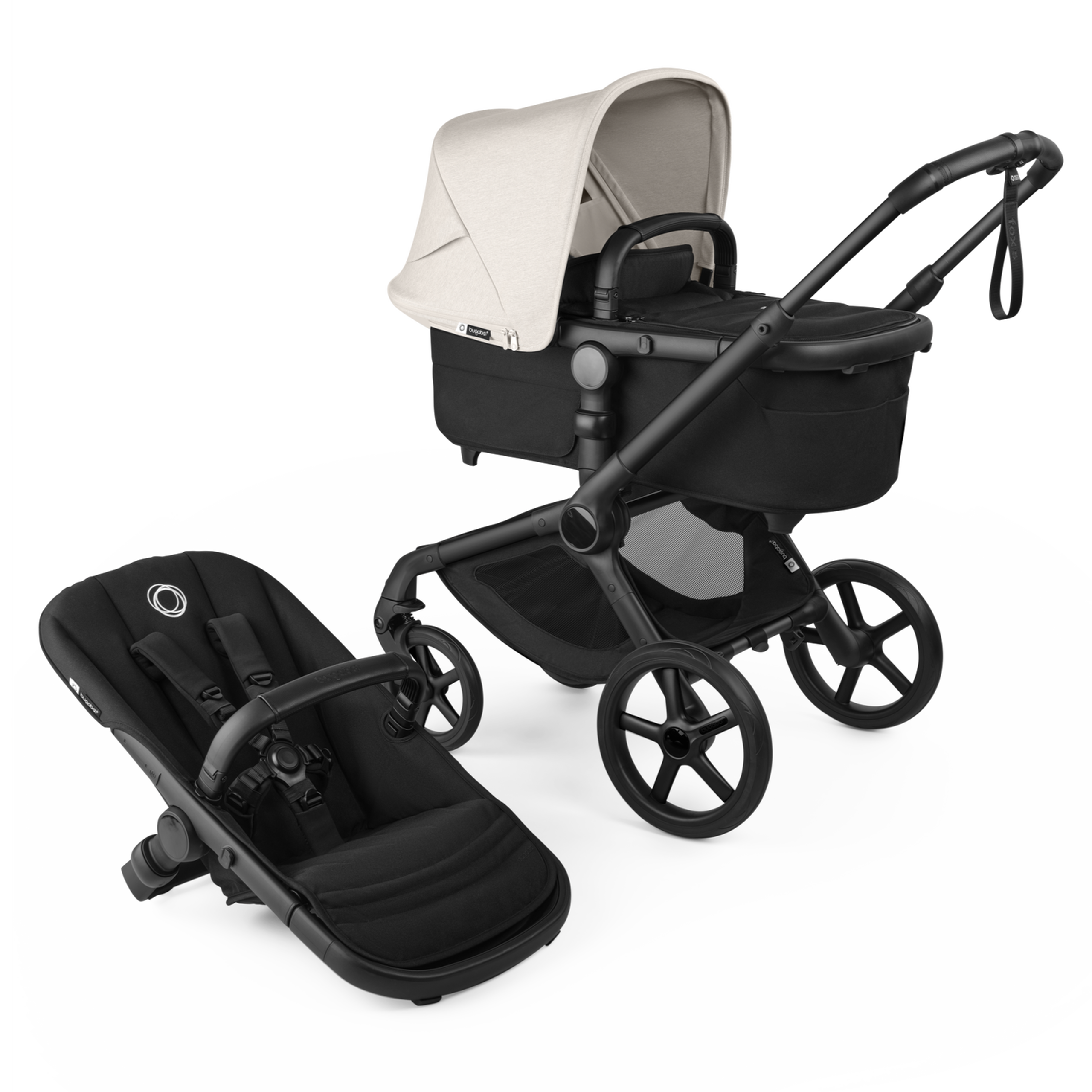 Passeggino Bugaboo Fox 5 Renew con navicella e seduta 2 in 1, con telaio nero, tessuti Heritage Black e cappottina misty white. - Thumbnail Slide 1 of 12