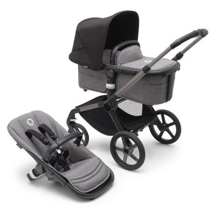 Bugaboo Fox 5 bassinet and seat stroller with graphite chassis, grey melange fabrics and midnight black sun canopy.