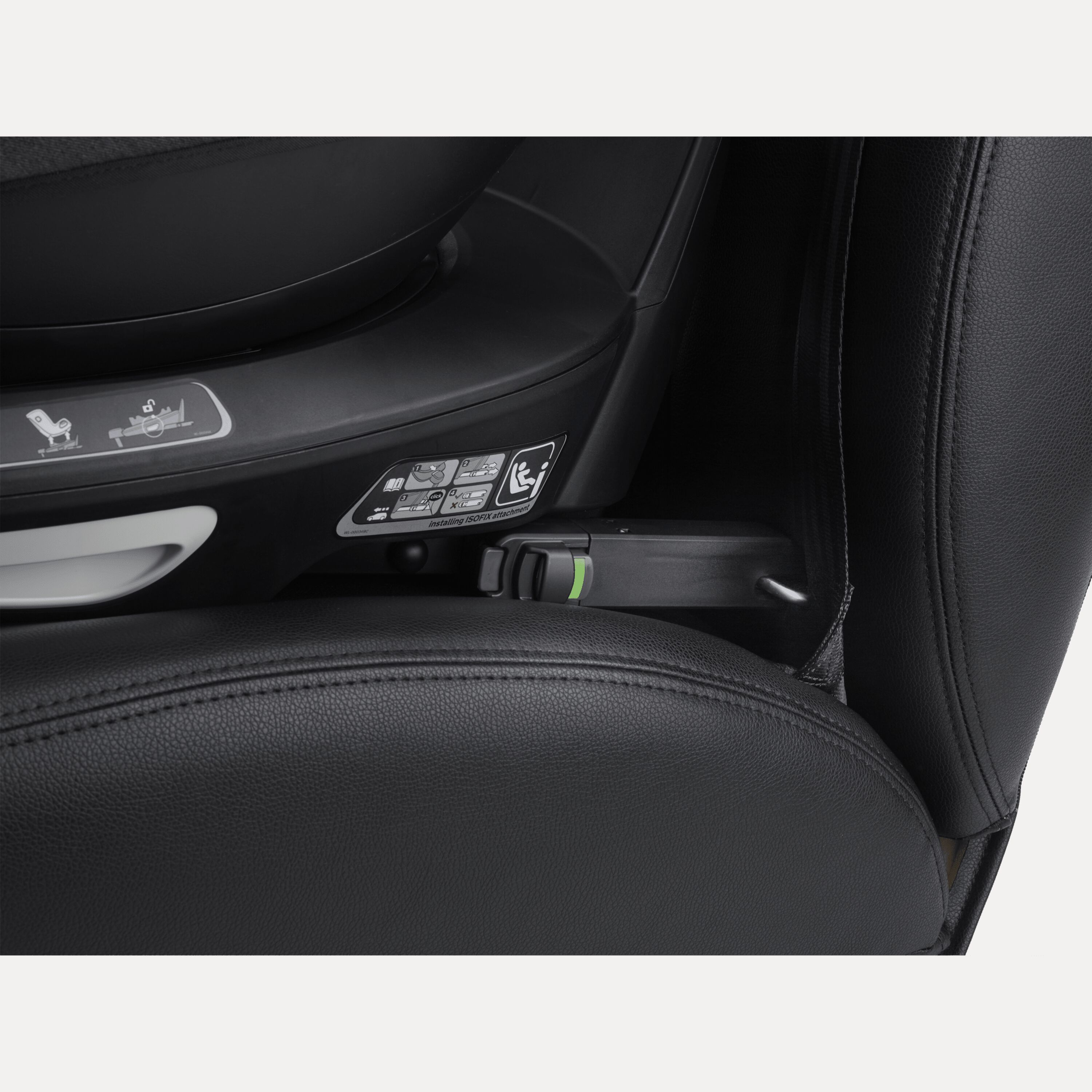Close up of the ISOFIX connector between the Bugaboo 360 Base by Nuna and car. The indicator is green to signal correct installation. - Main Modal Image Slide 6 of 8