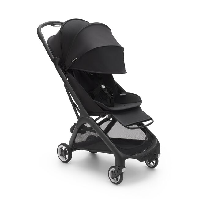 Bugaboo Butterfly seat stroller with black chassis, midnight black fabrics and midnight black sun canopy.