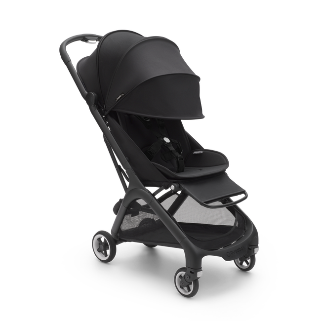 Bugaboo Butterfly seat stroller with black chassis, midnight black fabrics and midnight black sun canopy.