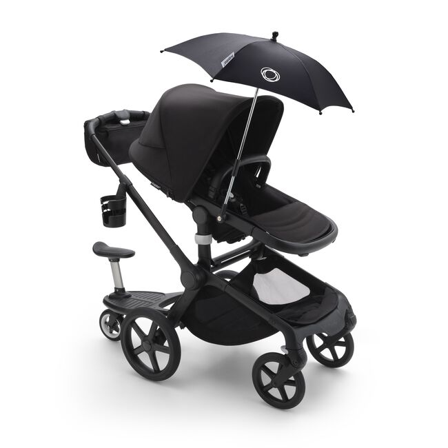 Bugaboo Fox 5 stroller with various accessories: Bugaboo organizer, cup holder, parasol and comfort wheeled board.