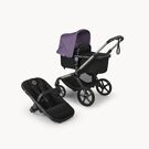 Bugaboo Fox 5 Renew bassinet and seat 2-in-1 stroller, with graphite chassis, Heritage Black fabrics, and Astro Purple sun canopy.