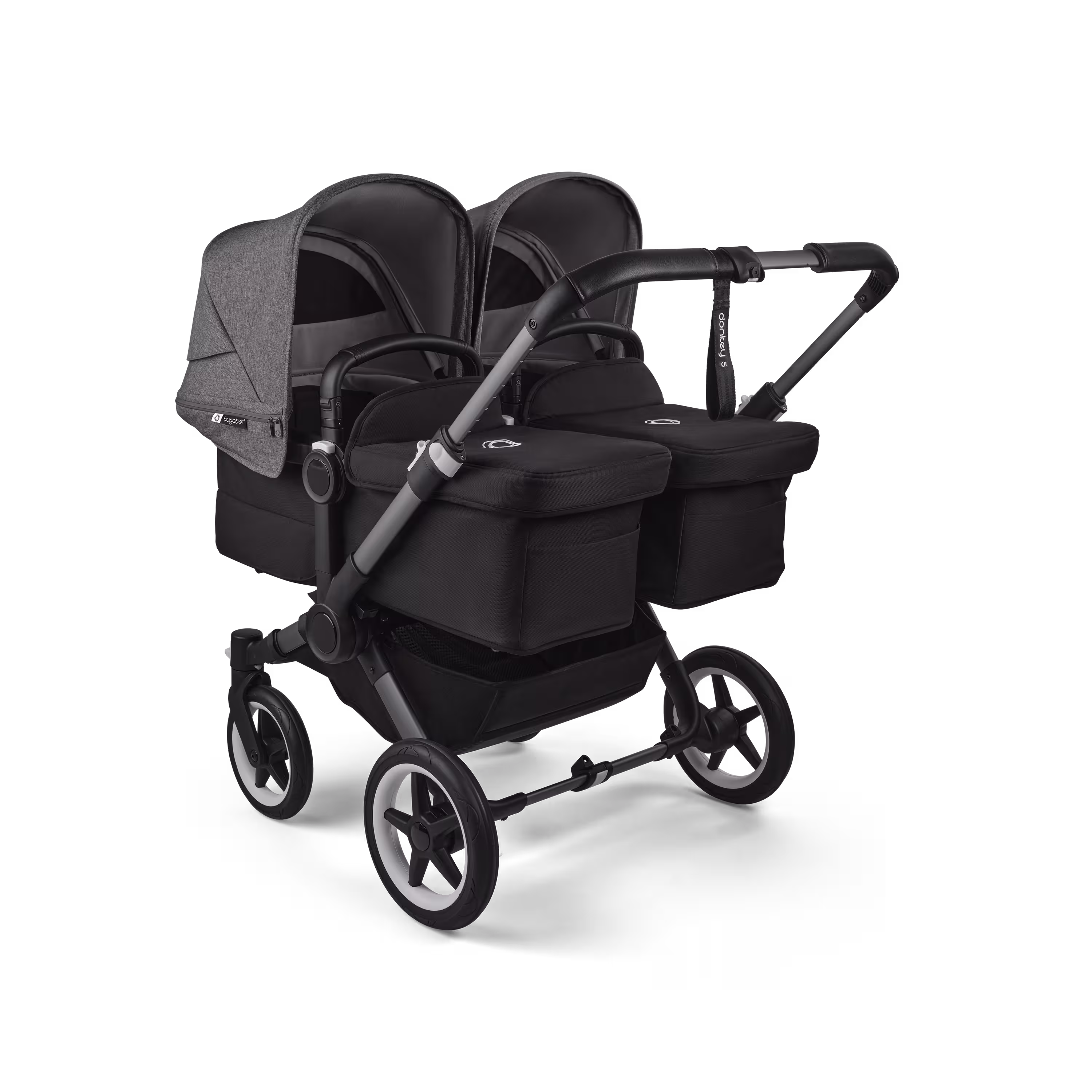 Bugaboo Donkey 5 twin stroller graphite base, midnight black fabrics, grey mélange sun canopy - Main Modal Image Slide 1 of 12